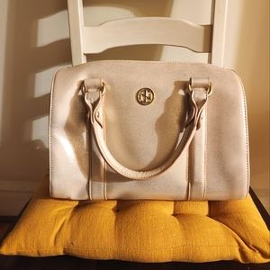 Tracy Negoshian Tan Satchel Purse with Blue Interior